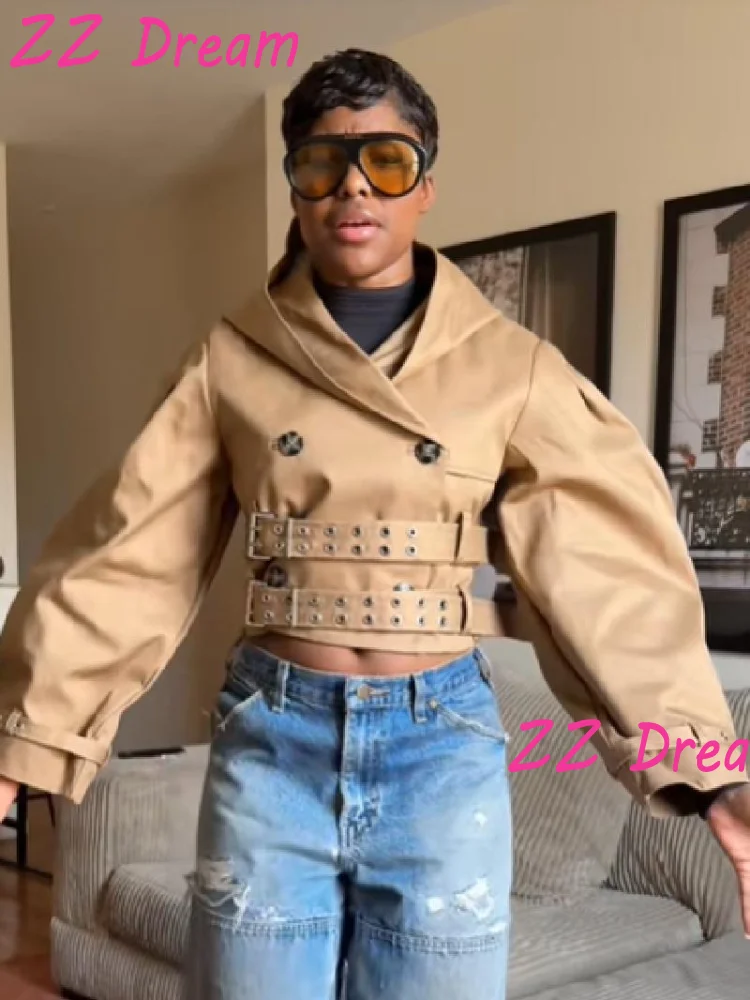 Women's Long Trench Coat Double Breasted Hooded Punk Crop Jacket With Belt Waist Cinched Windbreaker 2025 Autumn Lady Outwear