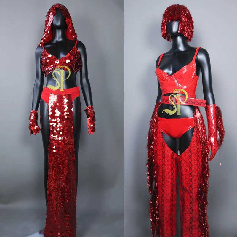 

New Sexy Gogo Dancer Costume Red Sequins Fringed Set Pole Dance Clothing Female Nightclub DJ DS Stage Rave Outfits Stage Wear