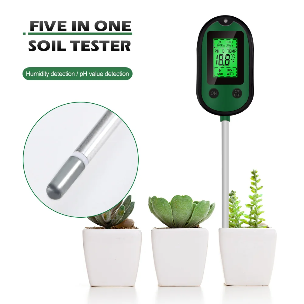 

5 in 1 Soil Ph Tester with Backlight Display of Sunlight Moisture Humidity Temp Acidity Tester Garden Plants Gardening Tools