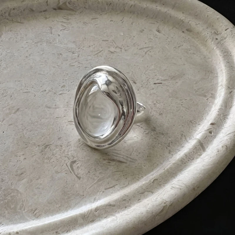 Minimalist Silver Lava Wrinkled Metal Water-drop Transparent Open Rings for Women Girl Gift Versatile for Everyday Wear Jewelry