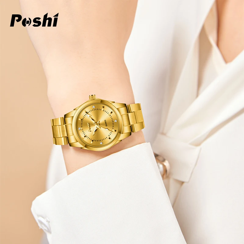 POSHI Casual Ladies Wristwatch Original Quartz Watch Luxury Fashion Bracelet Simple Dial Gold Clock Stainless Steel Strap