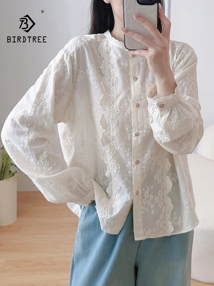 

Новая осенняя хлопковая рубашка с длинными рукавами 2025, женская кружевная вышивка-стойка, шикарная свободная блузка Mori Girl French OL для поездок на работу T59648CC