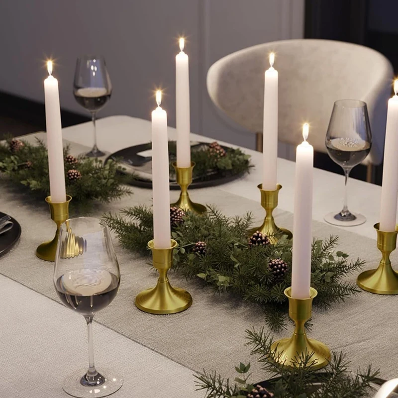 AS60-12PCS Brass Gold Taper Candle Holders, Vintage Metal Candlestick Holders For Dinner Room Table Centerpiece Or Mantel