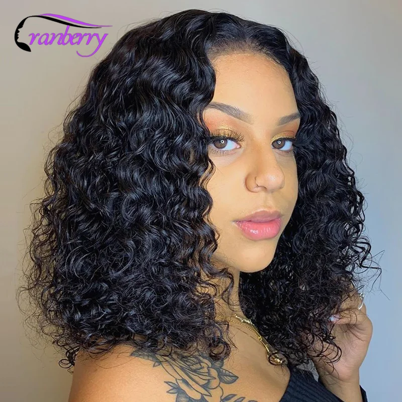 Cranberry-Peluca de cabello humano rizado corto para mujer, postizo de encaje Frontal 13x4, mojado y ondulado