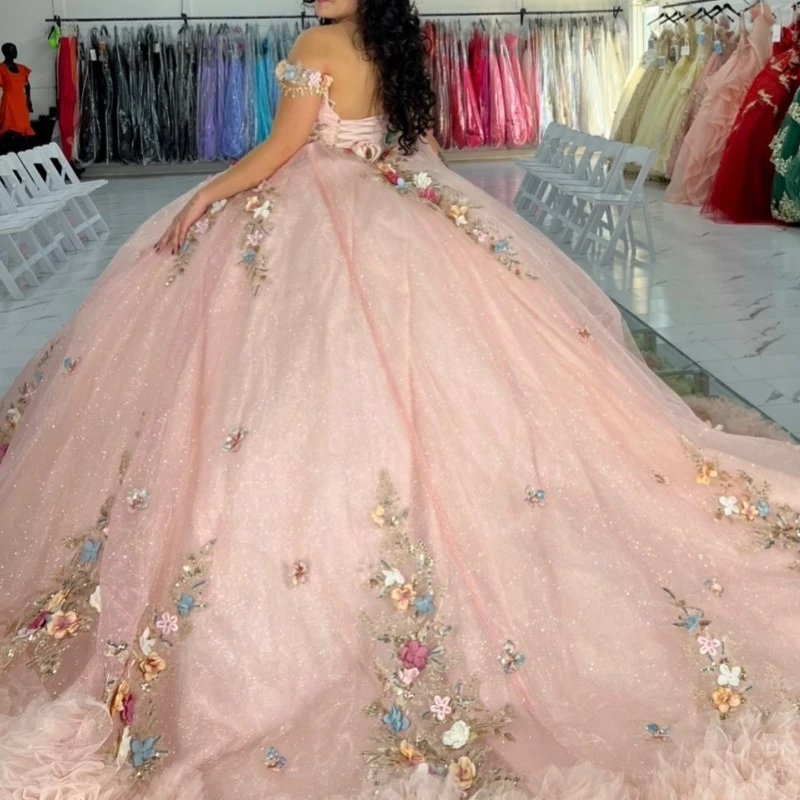 Pink Shiny Ball Gown Quinceanera Dresses Applique Flower Beading Crystal Tiered Tull Corset Off The Shoulder Sweet 16 Dress vest