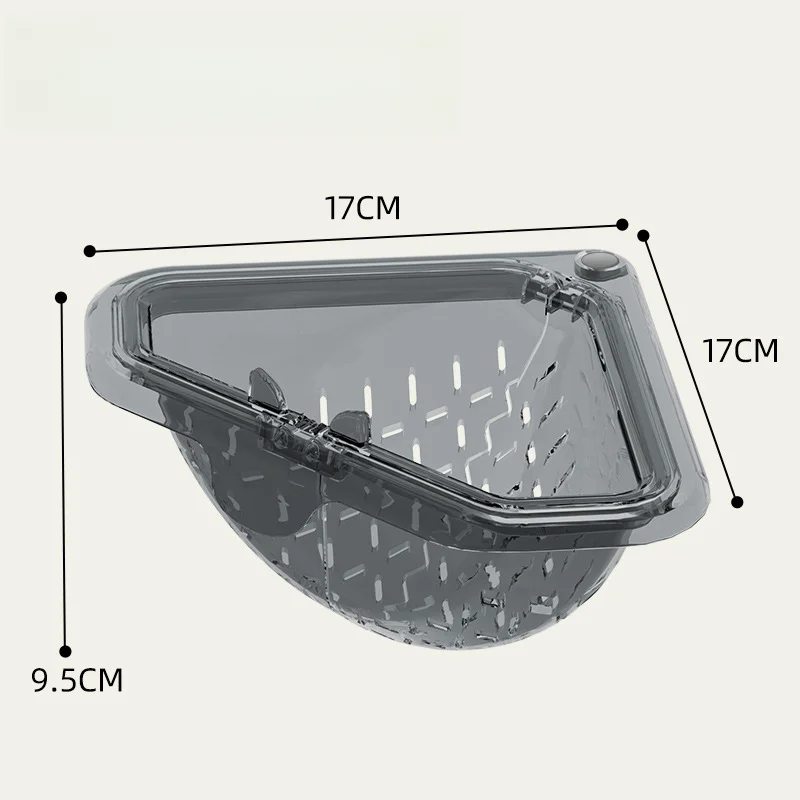 Triangular Draining Basket for Sink Magnetic Corner Strainer Basket Touchless Operation Plastic Grey 17 by 17 by 9 5 cm