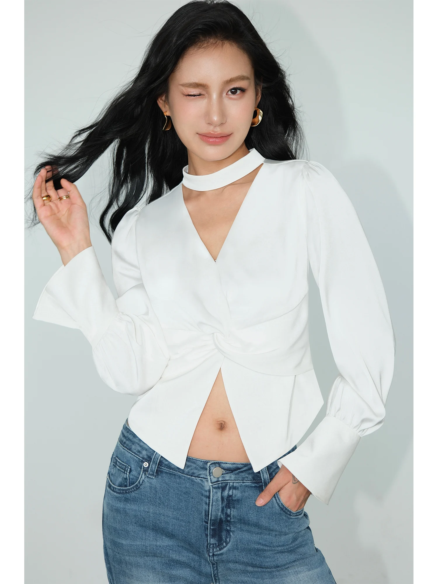 

NEVA HU Women's Long Sve Silk irt V-Ne Slim Fit ort Top Design Sensibili Ele Faion Spring Collection