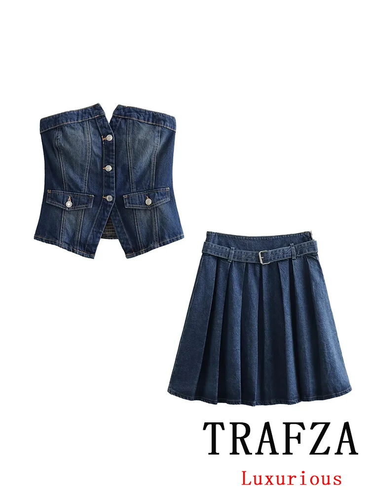 Trafza Vintage Damespak Denim Strapless Knoopzakken Slanke Topsjerpen Wijde Geplooide Korte Rok Nieuwe Mode 2024 Zomersets