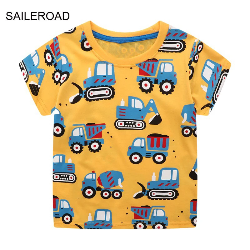 SAILEROAD 2024 Summer Yellow T Shirt Cotton Short Sleeve Cartoon Excavator T-shirts Kids Tee Girl Tops Boys Children Clothes