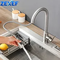 ZEXEF Articulated Faucet Kitchen Sink Mixer Stainless Steel Spring With 2Modes  360° Swivel Pull-out Modes Single-lever