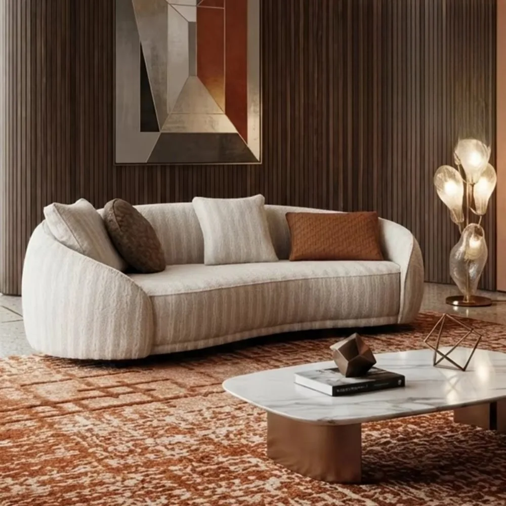 Italian Light Luxury Curved Fabric Sofa, Striped Upholstery for Modern Villa & Family Living Room Home Furniture