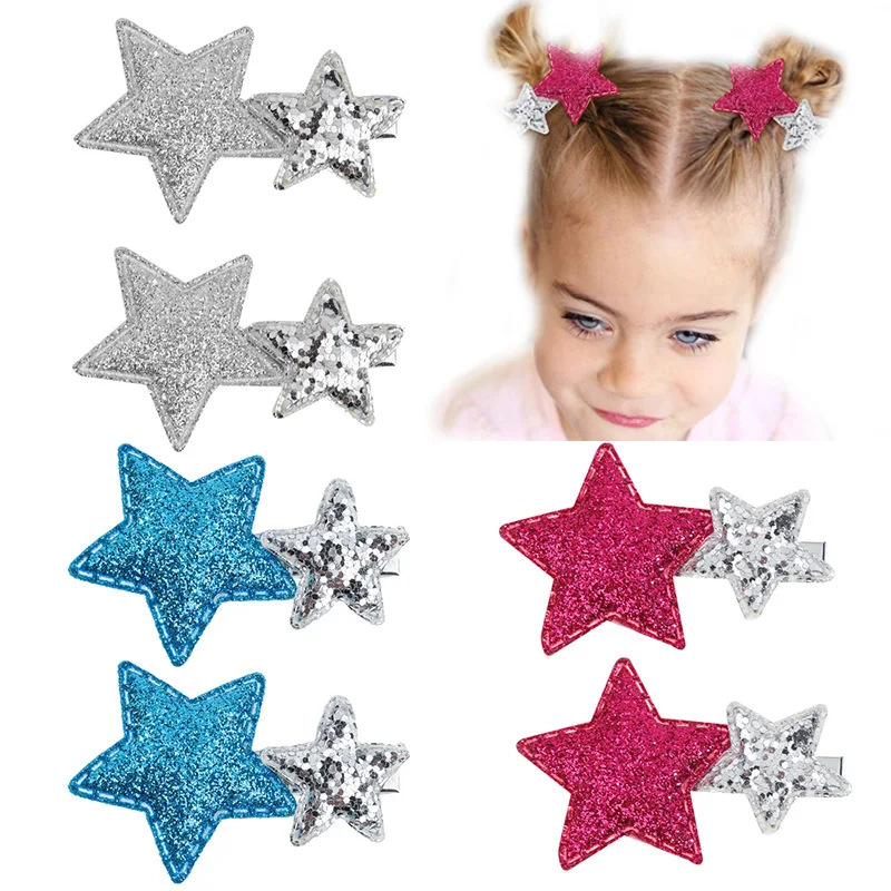 Oaoleer-Pinzas para el pelo con estrellas plateadas para niña, pasadores con purpurina rosa, accesorios para el cabello, regalo, 2 unidades por lote