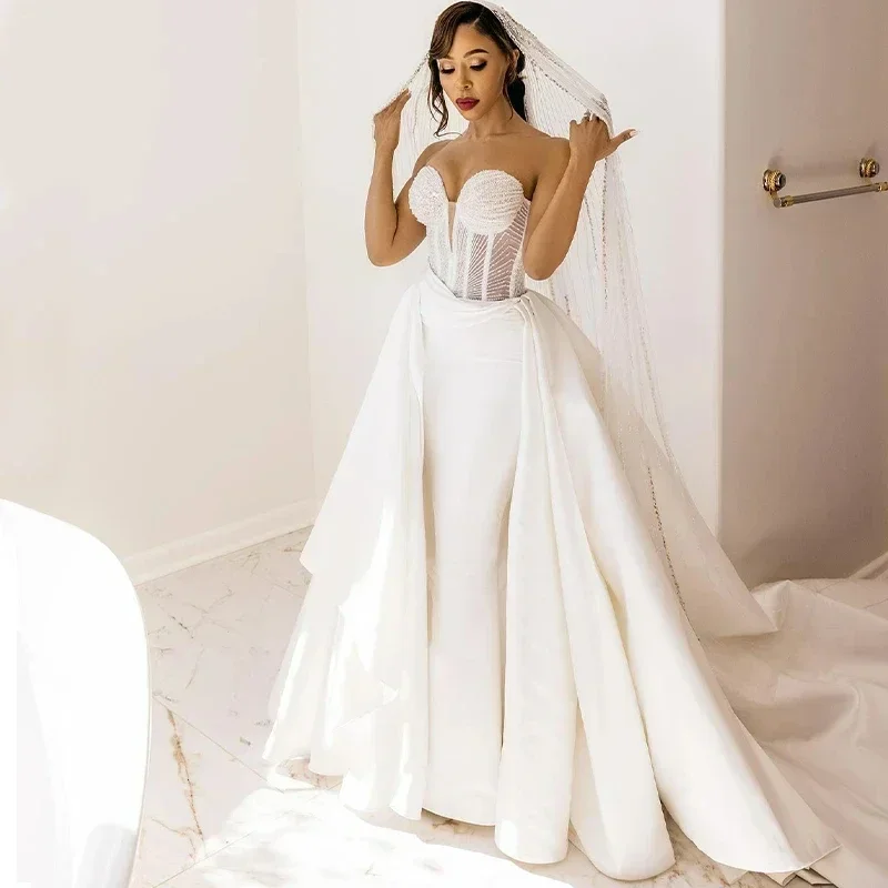 Customized Well Design Shinny Beads Sequins Mermaid Wedding Dresses With Overskirt Vestidos De Novia Luxury Bridal Gowns