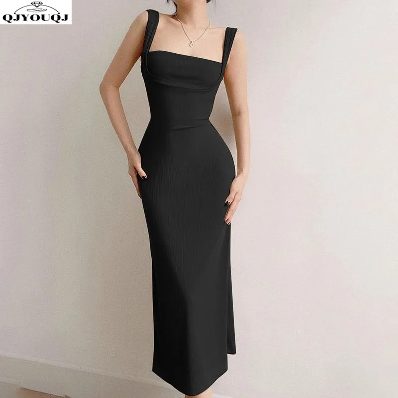 

2024 Spring/Summer Korean Edition New Black Open Back Tie Up Spicy Girl Dress Slim and High End Strap Dress