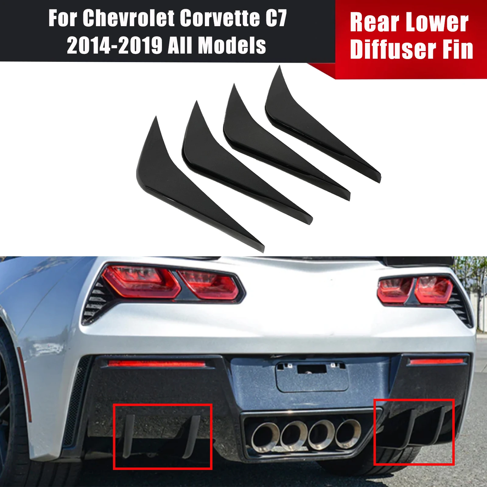 For Chevrolet Corvette C7 2014-2019 All Models Car Add-On Rear Bumpers Diffuser Fin Accessories Carbon Fiber Style Glossy Black