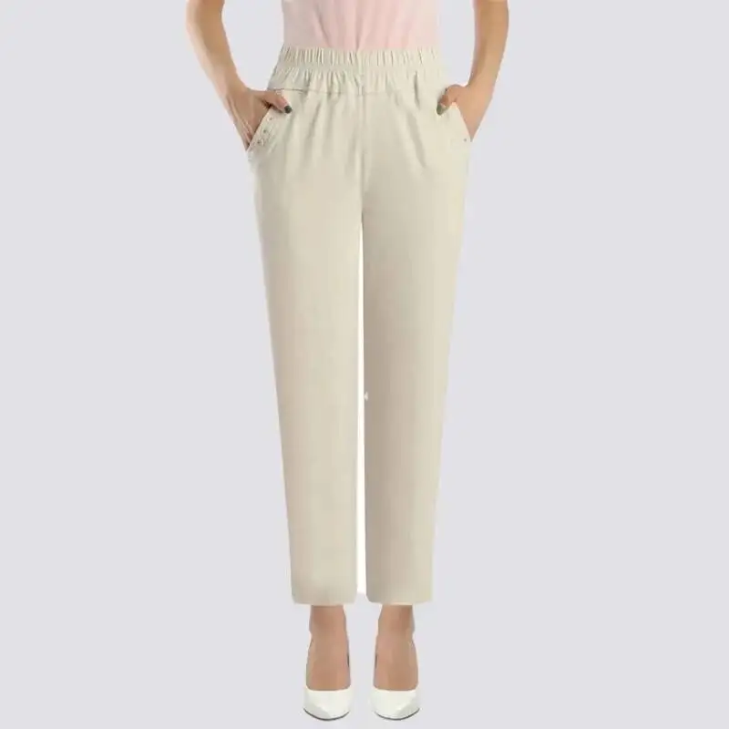 Middle Aged Women Casual Straight Pants Female Loose Elegant 2025 Spring Summer Elastic Waist Solid Color Cropped Trousers