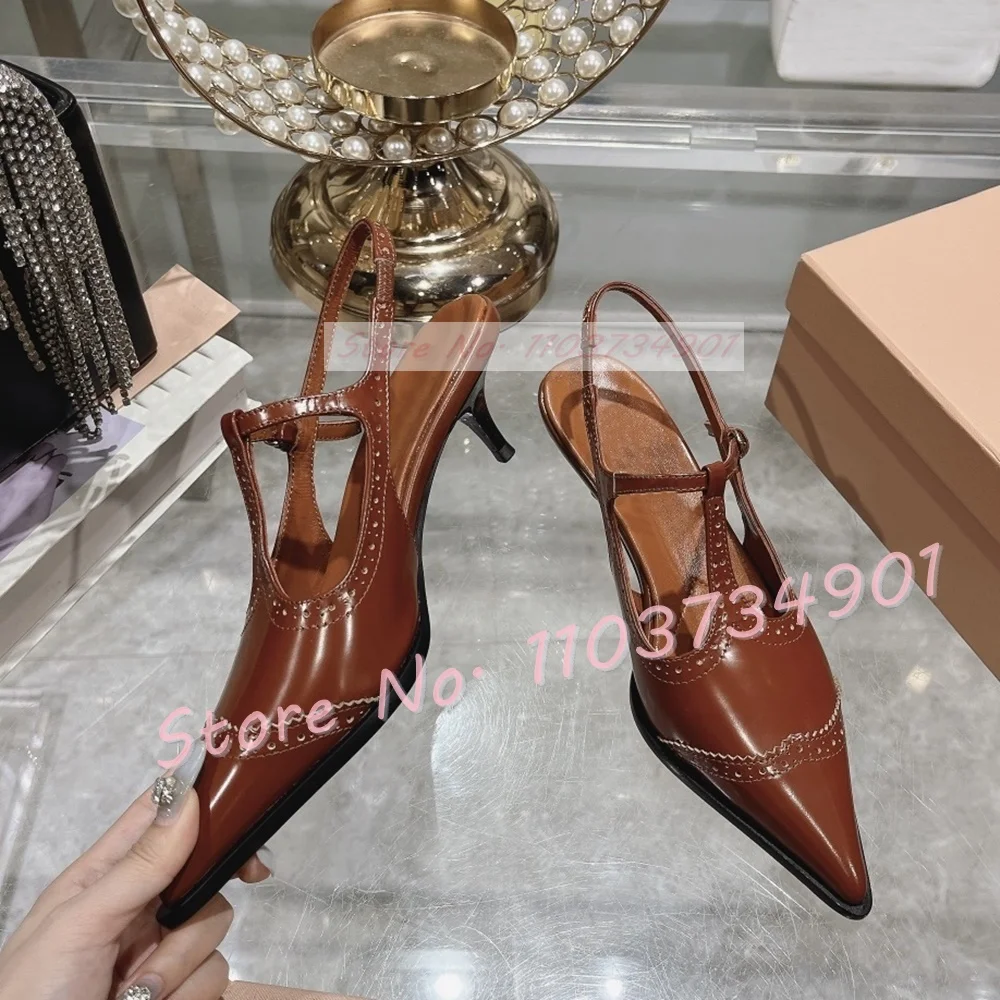 Brown Cow Leather Kitten Heel Sandals Women British Style Pointy Toe Low Heels Shoes Ladies Back Strap Splicing Leather Shoes