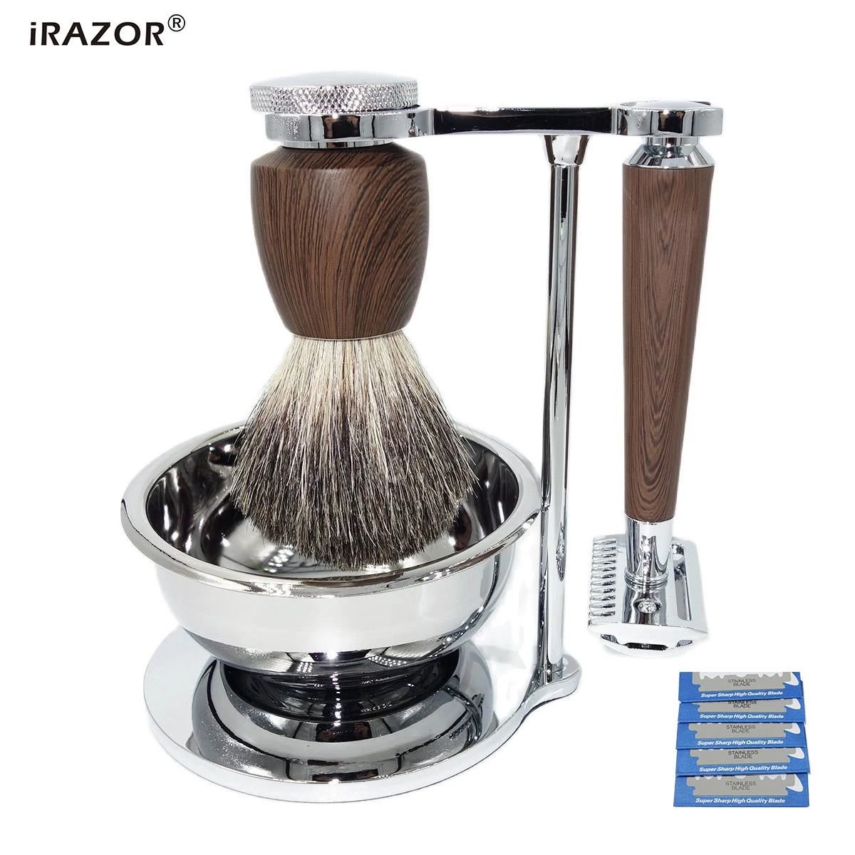 

iRAZOR New Luxury Classic Mens Grooming Shaving Kit Gentleman Wet Double Edge Safety Razor with Badger Hair Christmas Gift Set