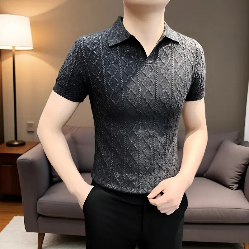 

American Retro Slim Fit Polo Shirt Men Summer British Versatile Jacquard Knit Short Sleeve T Shirt