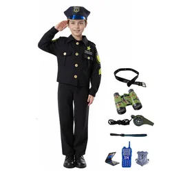 Deluxe Police Costume for Kids Embroidered Jacket and Walkie Talkie Set Halloween Party Dress-up with Telescope