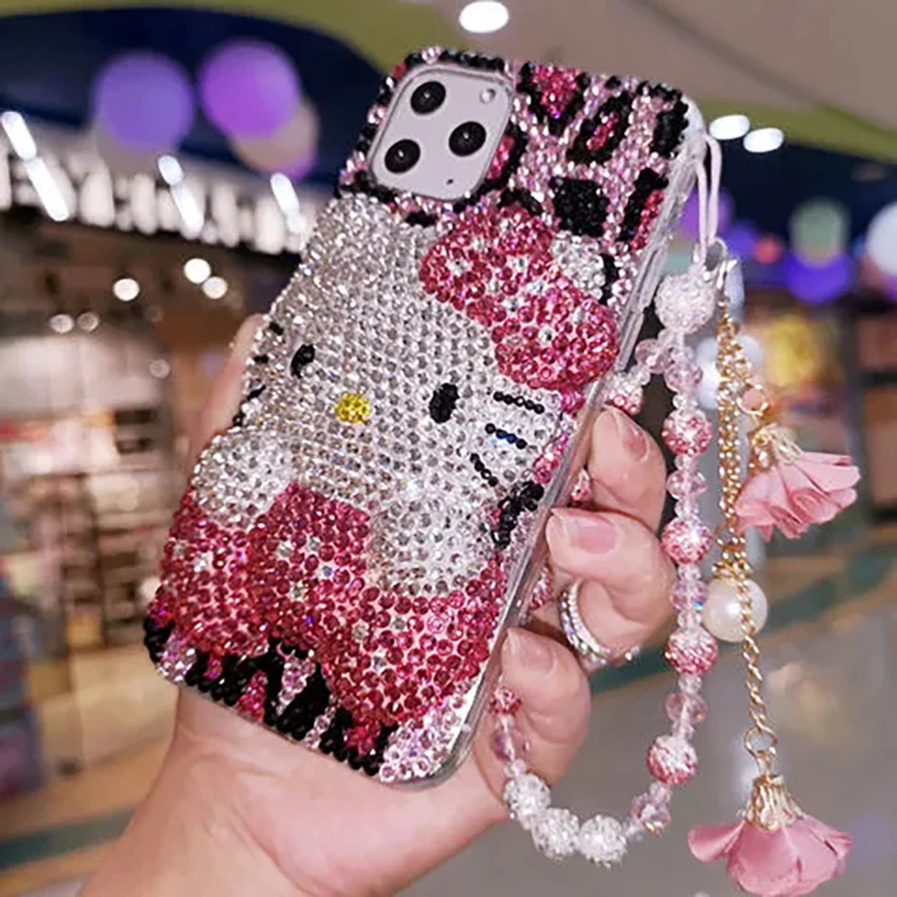 Kawaii Sanrio Hello Kitty Bling Bling Pink Kitty Phone Cases Diamond Pearl Maded Suit for Iphone15Pro 15Promax 15 14 13 12 11