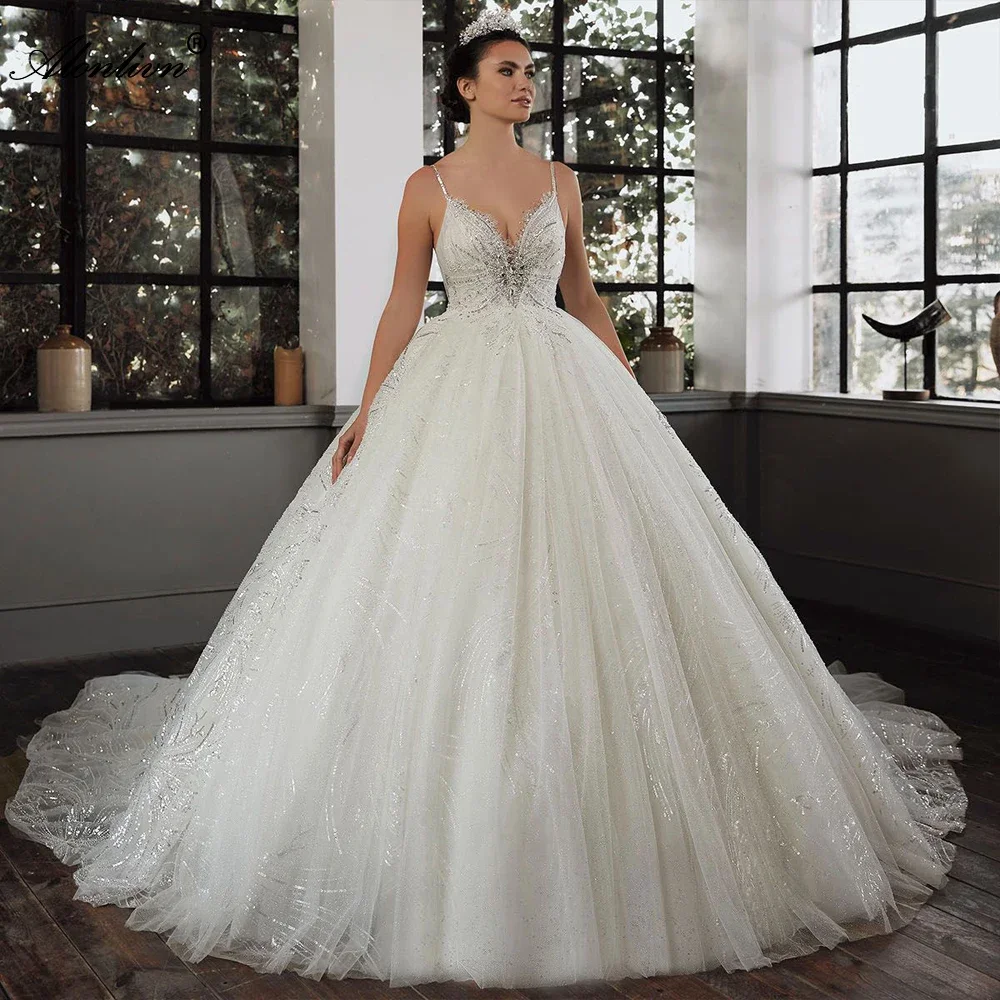 

Customize Sparkle Beading Crystals Lace Ball Gown Wedding Dresses Spaghetti Straps Sweetheart For Brides vestidos de novia