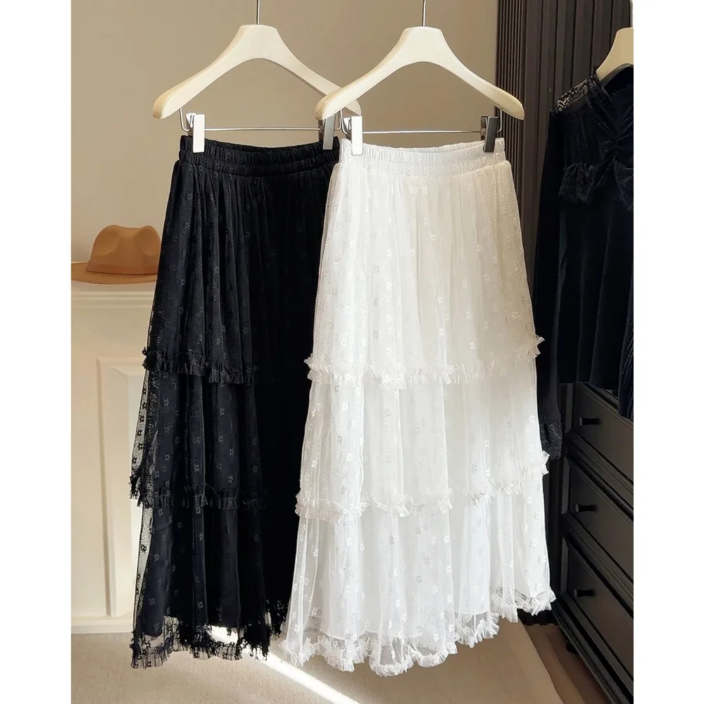 

Korean Women'S White Lace Flower Ruffles Skirt Tierred Elegant Sweet Fairy Spring Cake Maxi Long Skirt Waist A-Line Female