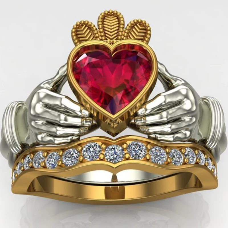 Hot Selling Double-Layer Set Ring Ring Europe And America Fashion Women Holding Ruby Heart Crown Hand Jewelry