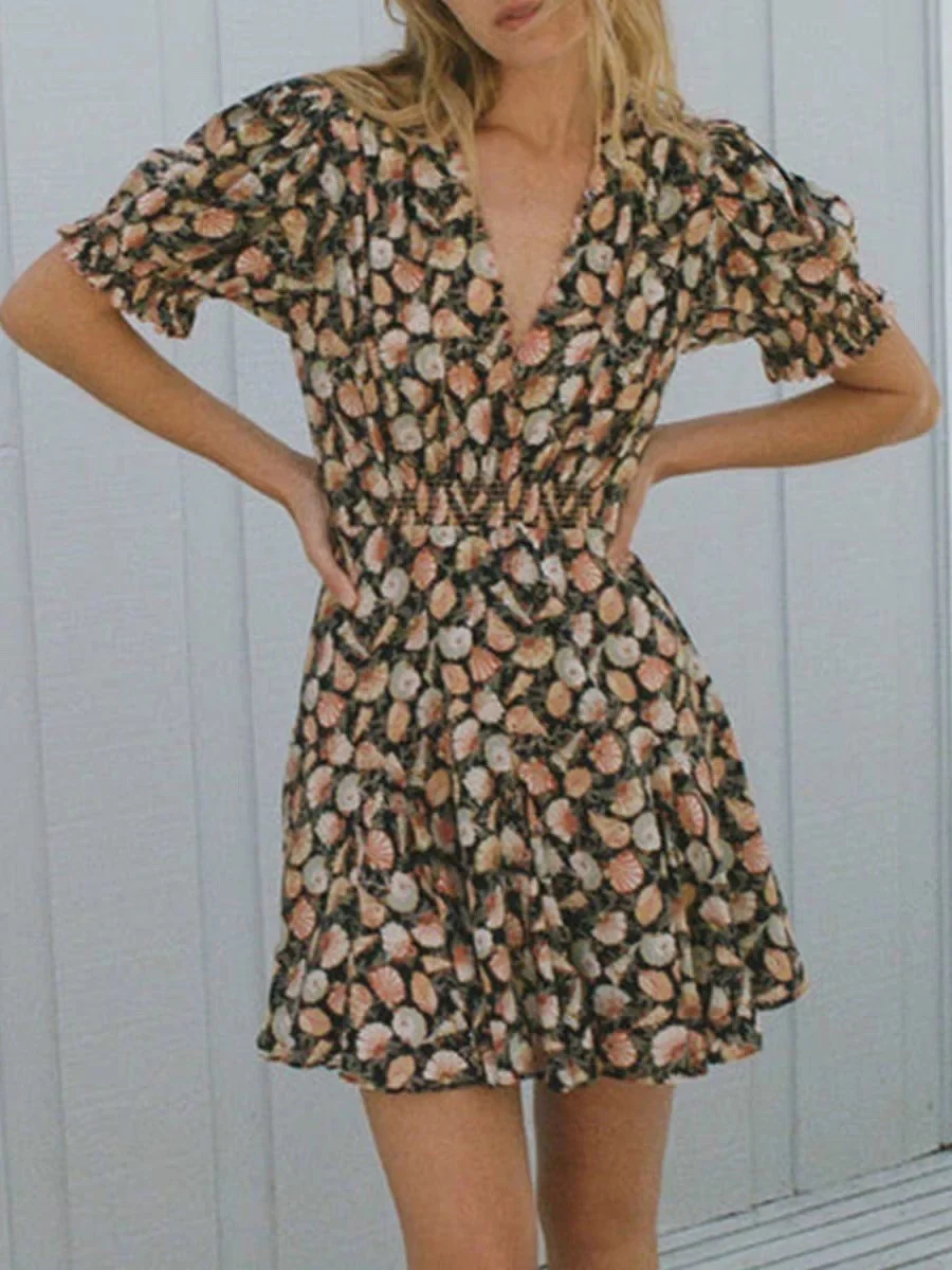 

Women Flower Printed V-Neck Flare Short Sleeve 100% Silk Mini Dress