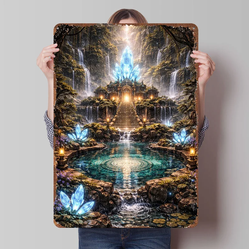 Enchanted Crystal Waterfall Sanctuary Poster Customized Vintage Metal Signs Wall Art Retro Tin Plaque for Modern Home Decoration