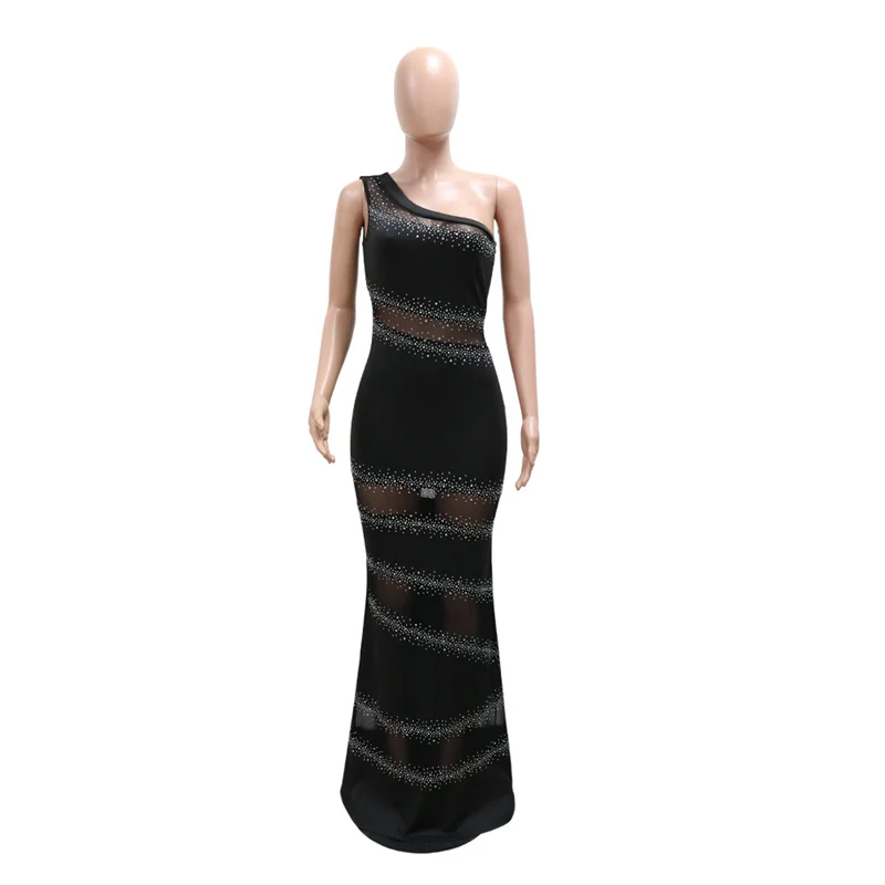 2024 Frauen eine Schulter diagonal Kragen ärmellose sexy lange Party Geburtstags kleider Mesh Patchwork Strass Abend Club Kleid