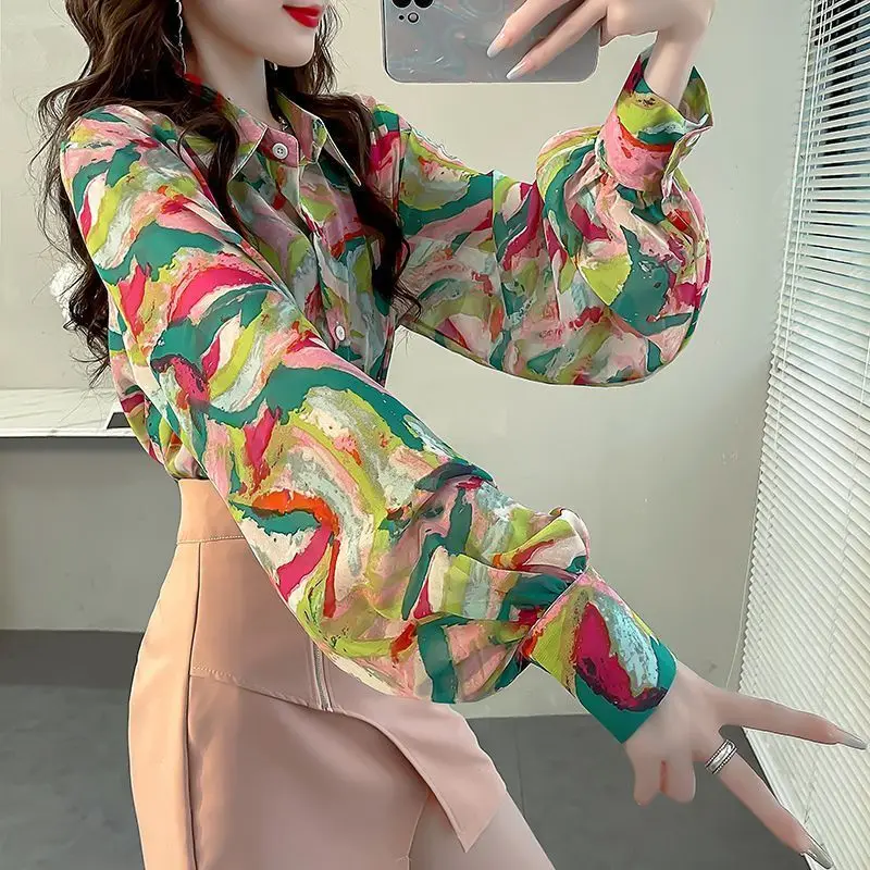 2024 Summer New Women\'s Leisure Fashion Elegant Commuter Lapel Button Lantern Sleeves Chiffon Printed Long Sleeved Top Shirt