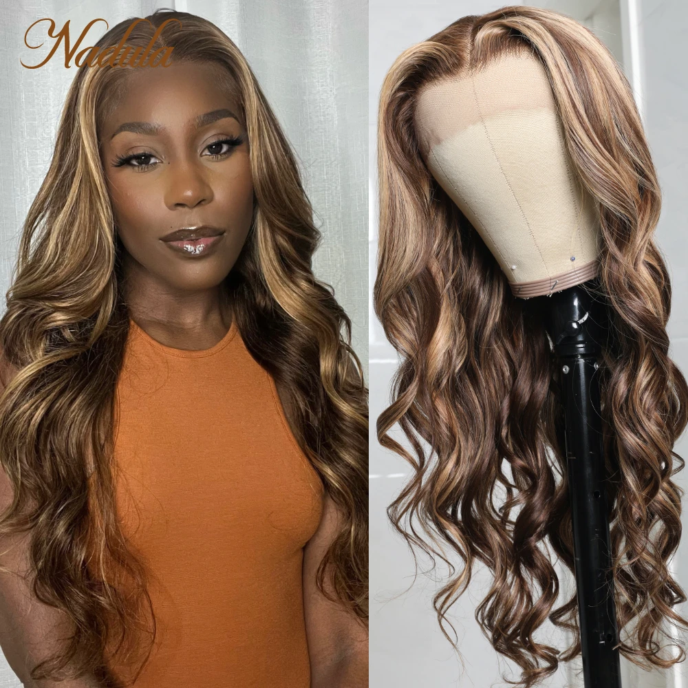 Nadula Hair Honey Blonde Body Wave Highlight Wigs 13x4 Lace Front Human Hair Wigs Piano Highlight Brown Wig With Pre Plucked