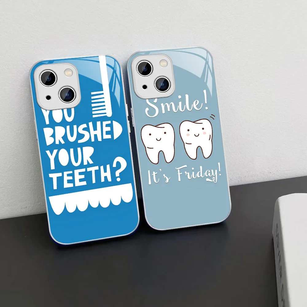 Dentist Dental Crowned Teeth Phone Case Tempered Glass For iphone 14 13 12 11 Pro Mini XS MAX 14Plus X XS XR Cover