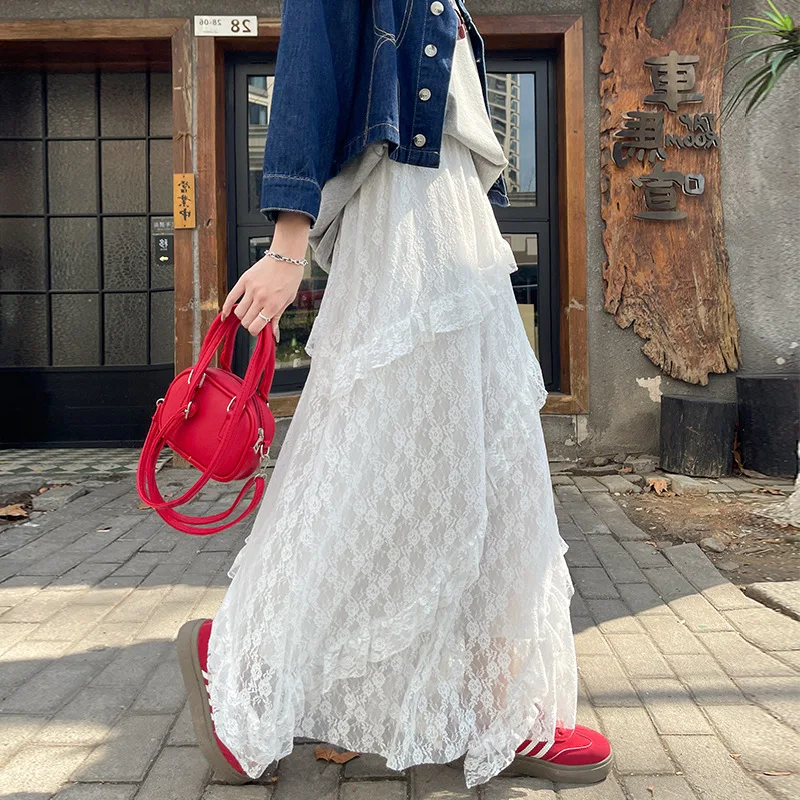 

Ретро-юбка с диагональными полосками и кружевом, женская, на раннюю весну, белая, с эластичной талией, утягивающая, сетчатая, А-силуэт, длинная, многоярусная