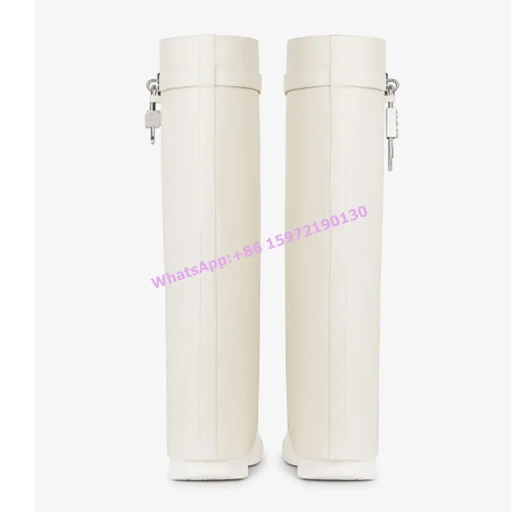 Metal Lock Shark Boots Round Toe Wedges Slip On Solid Black White Winter Knee High Boots Concise Basic Winter Women's Shoes