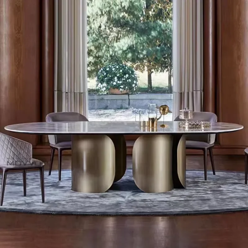 #High Level Classic Modern Dining Room Furniture White Marble Oval Dining Table with Stainless Steel Curve Base