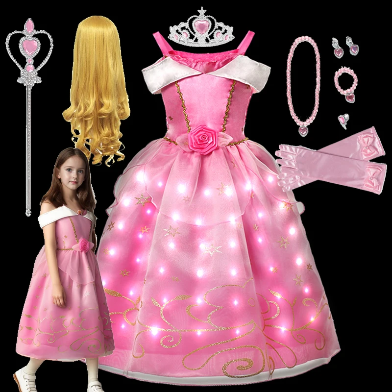 Light Up Pink Princess Sleeping Beauty Costume for Girls Birthday Party Outfit Christma Cosplay Dress up with Accessories 2-10T