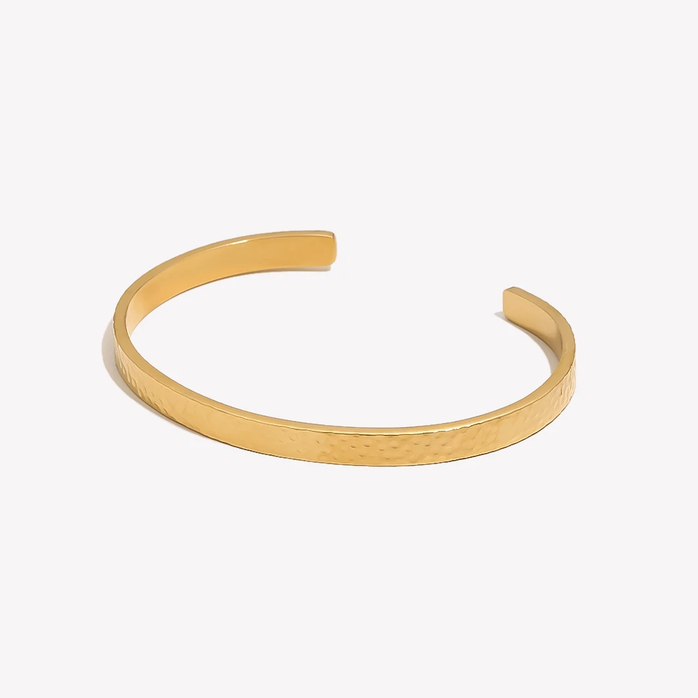 E.B.belle Waterproof Hypoallergenic Stainless Steel Gold Plated Jewelry Hammered Grain Texture Cuff Bangles Bracelets For Women