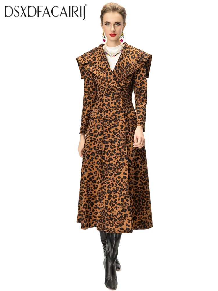 DSXDFACAIRIJ معطف نسائي بطبعة الفهد مزدوج الصدر مع ياقة بحار وأكمام طويلة وجيوب شارع العليا للخريف