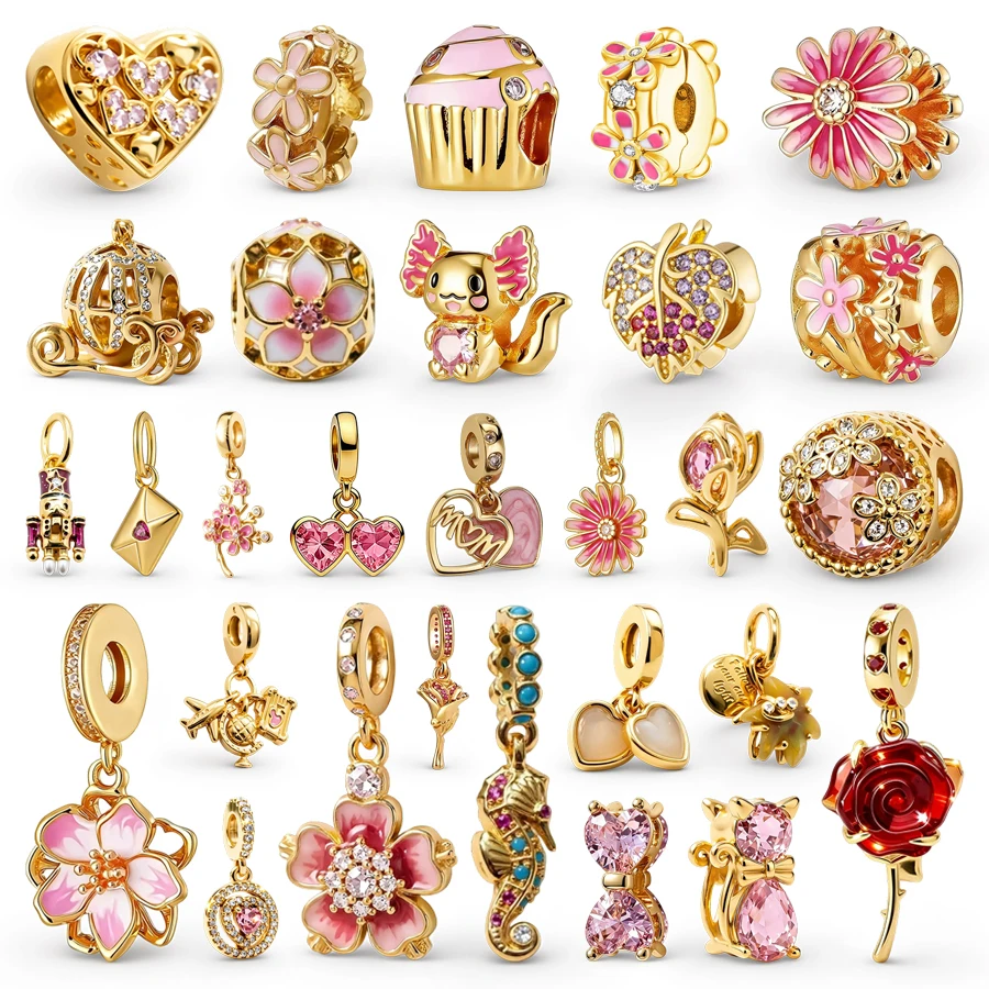 Nuevos Dijes Rosados DIY para Joyería Femenina, Regalo con Flores Doradas Brillantes, Corazones y Letras de Amor, Compatibles con Pulseras Originales Tipo Serpiente
