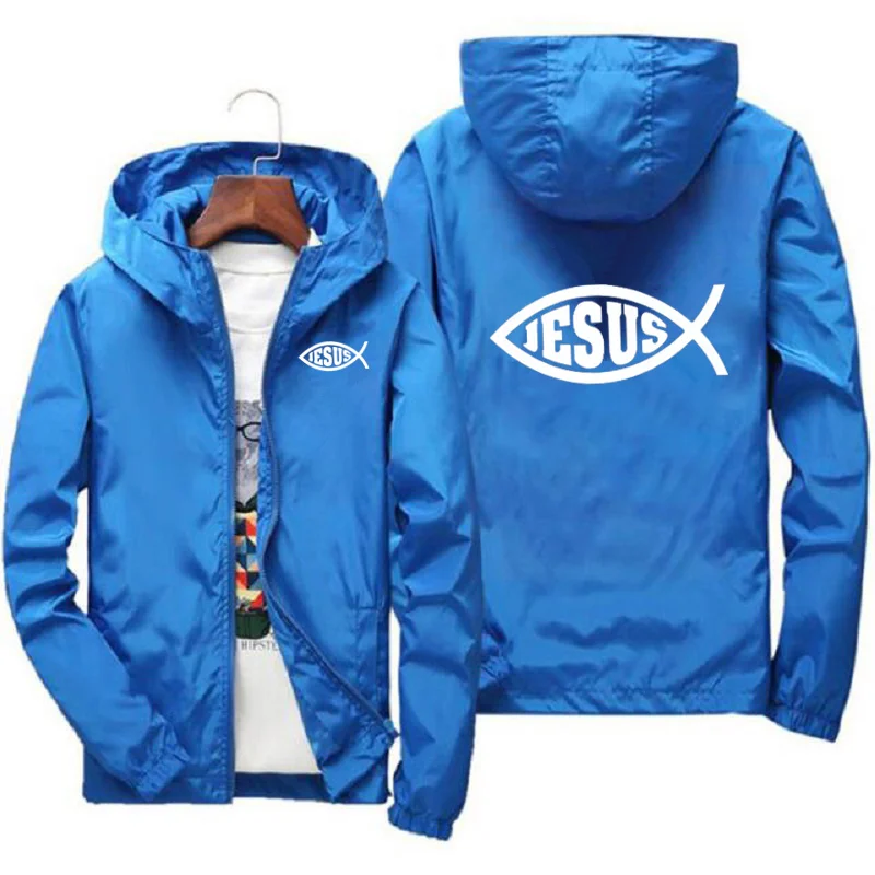 

Jesus Fish Christ Printing Jacket Men'S Coat Spring And Autumn Style Hooded Outdoor Windproof And Waterproof Mountaineering Suit