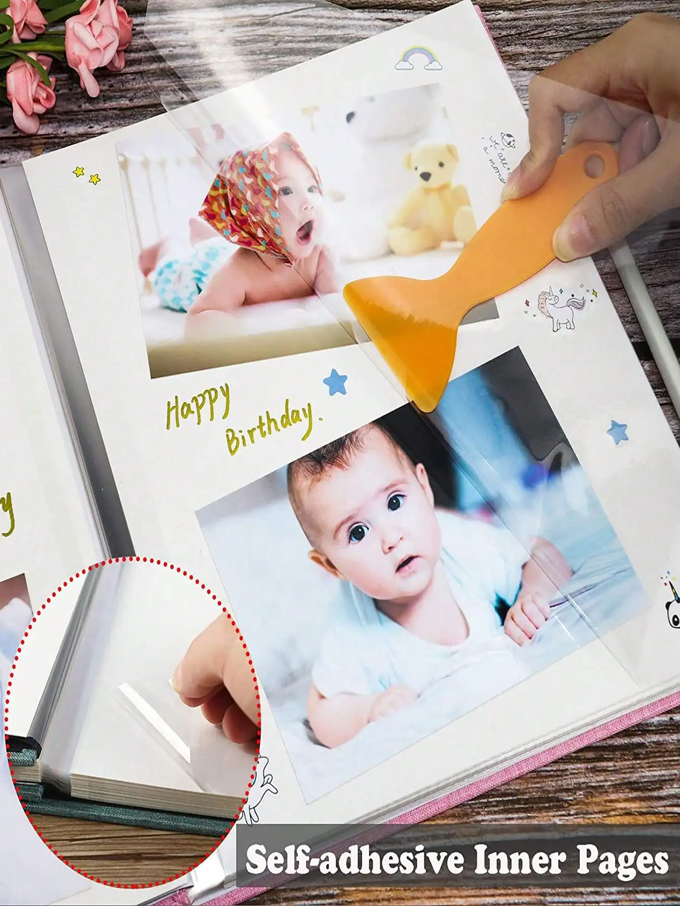 Baby photo album self-adhesive memory book 4x6 clip book set with clean hand print, and metal pen suitable for for boys girls