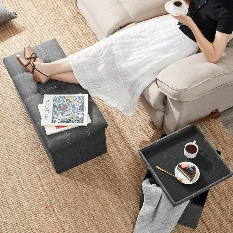 Home Cotton and Linen Storage Stool, Multifunctional Folding Storage Box, Shoe Changing Stool, Seat Mat, Long Storage Stool