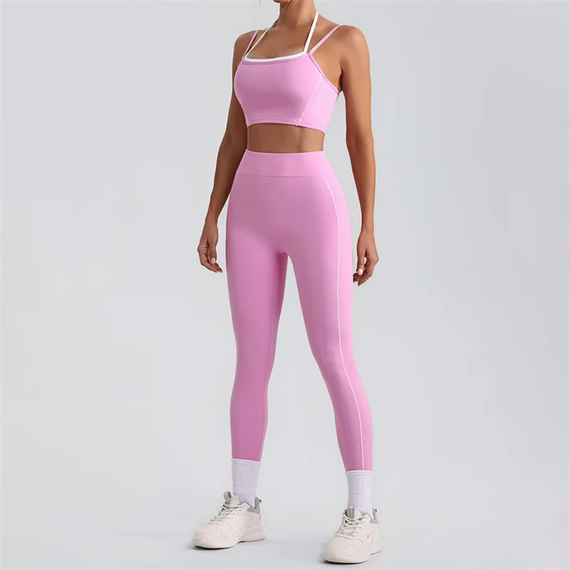 SVEIC Yoga Set Contrasting Color High Waisted Leggings Fitness Sportswear Workout Running Sports Bra Suits Training Gym Clothing