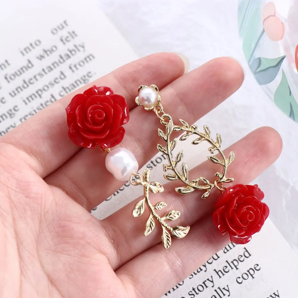 Korean Sweet Red Rose Flower Stud Earrings Elegant Hollow Drop Dangle Earrings For Women Pearl Asymmetric Earrings Girls Party