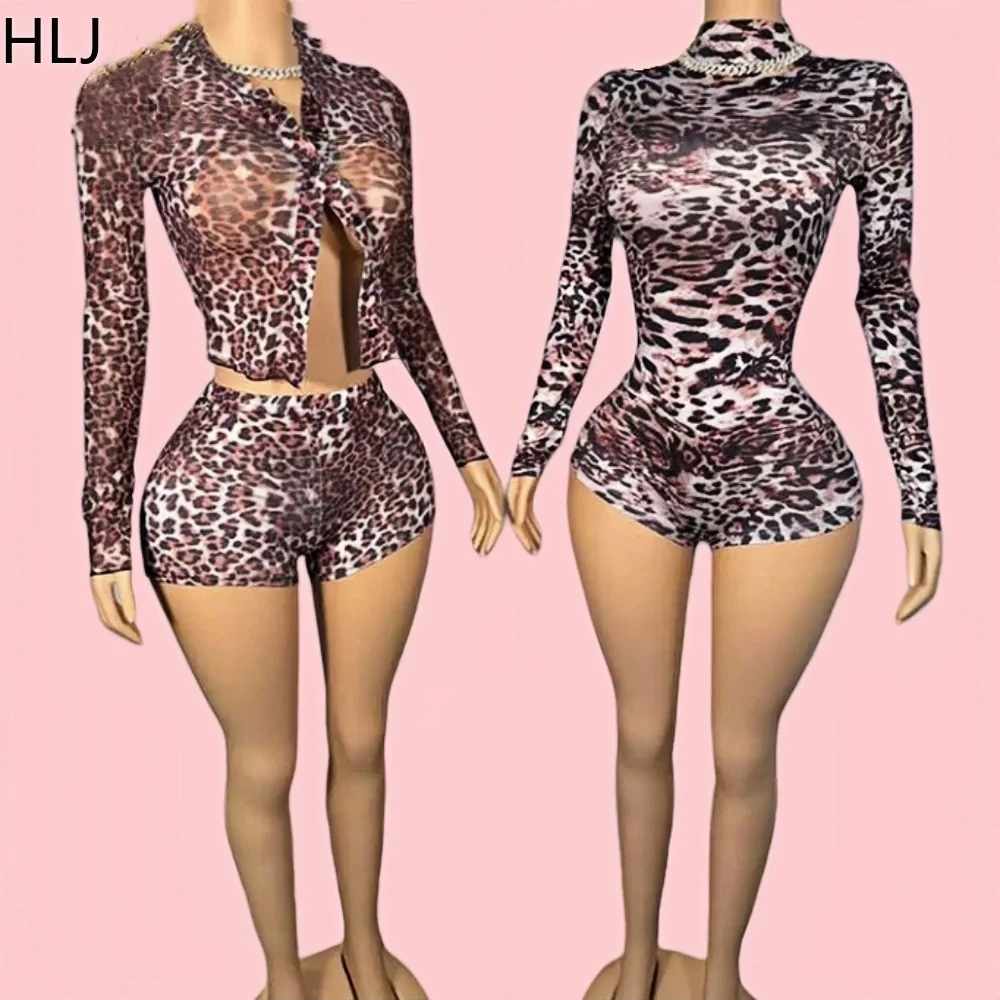 

HLJ&GG Spring New Sexy Leopard Mesh See Though Two Piece Sets Women Button Long Sleeve Slim Top + Shorts Outfit Fashion Clubwear