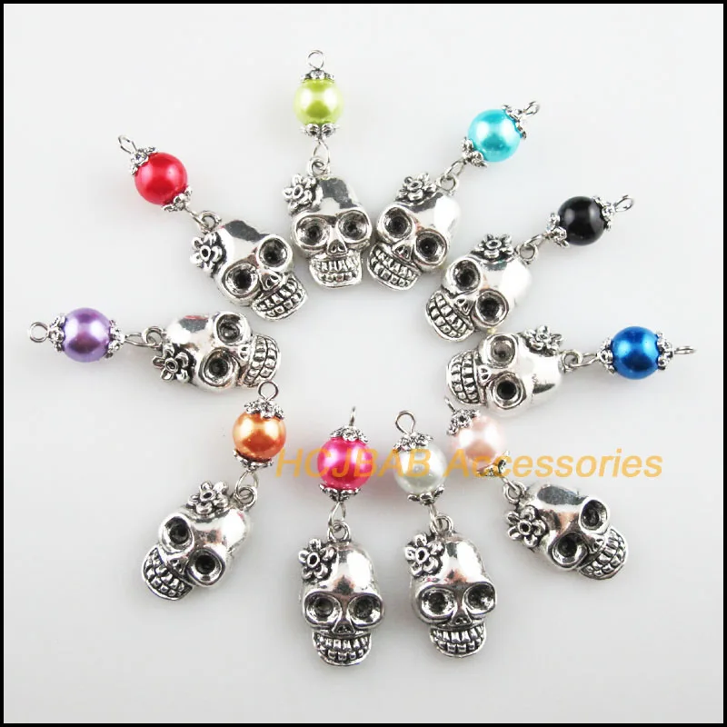 10Pcs Tibetan Silver Plated Flower Skull Mixed Glass Beads Charms Pendants 13x39mm