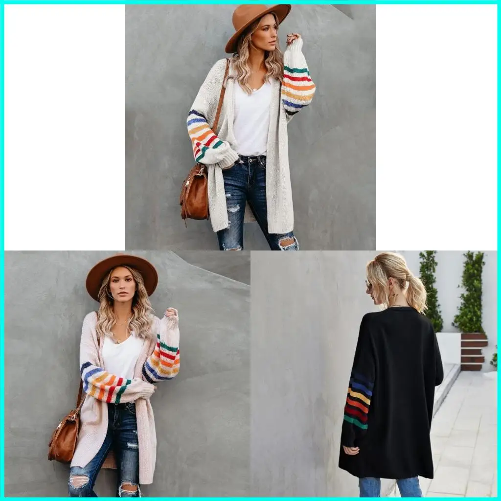 

Women Sleeve Outwear Coat Knitted Colorful Striped Open Front Cardigan