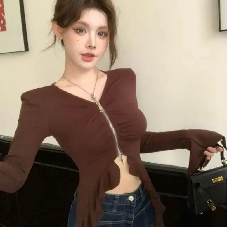 

Zipper Short Navel-Baring V-Neck Long-Sleeved Bottoming Shirt 2024 Autumn New Women'S Slim Design Top